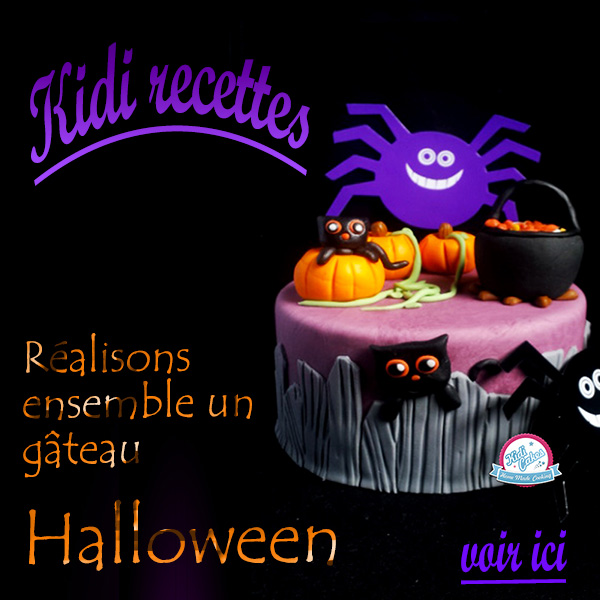 Gâteau Halloween décoré avec de la pâte à sucre, avec ce gâteau Halloween elle étonnera vos convives; cette recette de gâteau est proposé par Kidicakes. Retrouvez nos recettes pour Halloween